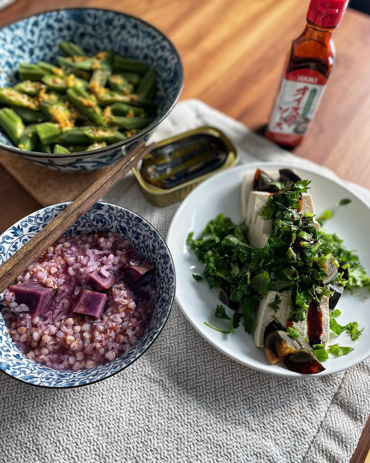 Simple sweet potato with rice porridge breakfast with preserved duck egg tofu + GF oyster sauce, sardines, and garlic okra.

.

Porridge breakfast is always a treat. For anyone on a low-carb diet - a pot of porridge for 2 typically uses 1/3 cup of ri