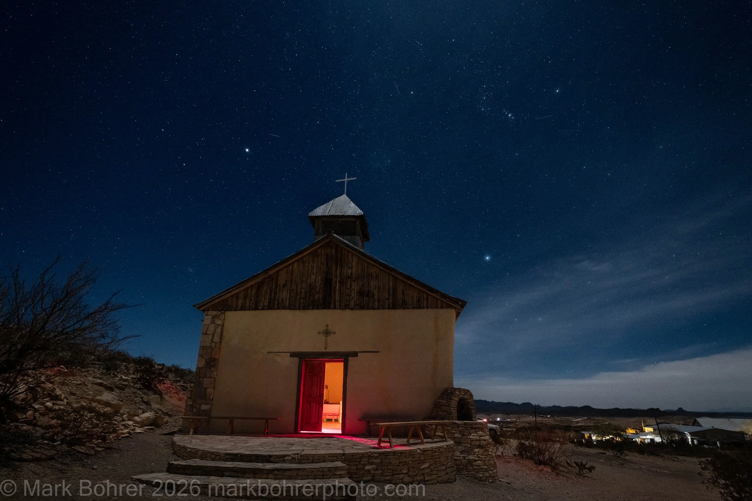 St. Agnes Church night welcome, Terlingua Ghost Town