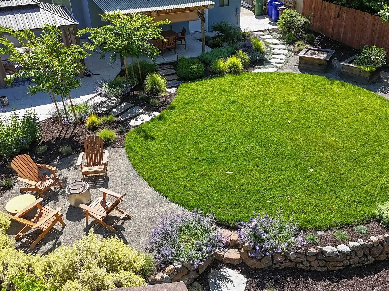 Aerial view of a landscape with a round lawn