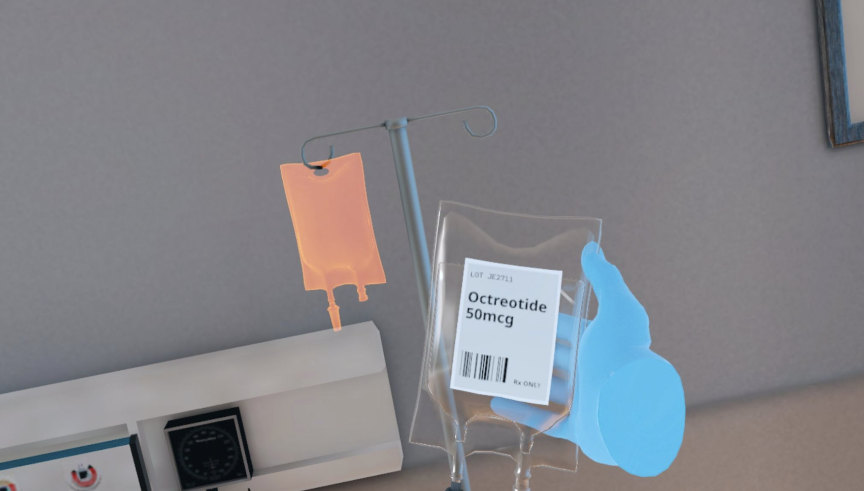Placing medication on IV fluid stand