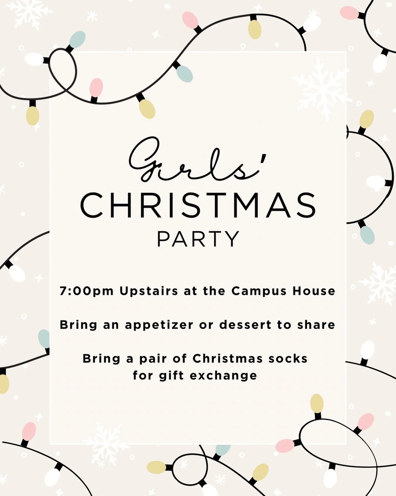 Girls&rsquo; Christmas Party &bull; 7:00pm TONIGHT Upstairs at the Campus House &bull; Bring an appetizer or dessert to share - bring a pair of Christmas socks too for gift exchange 🎄