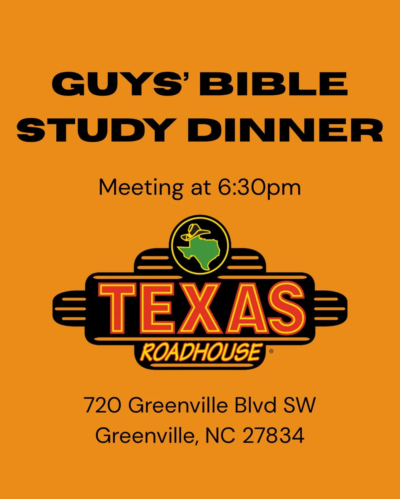 Guys&rsquo; Bible Study Dinner TONIGHT @texasroadhouse Meeting at 6:30pm &bull; Hope to see you there 🥩