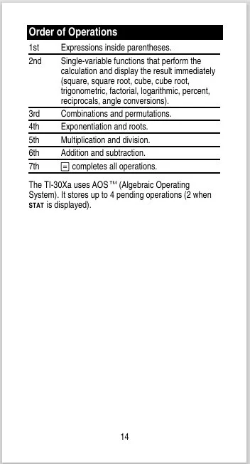 Page titled 'Order of Operations' listing steps: 1st expressions in parentheses, 2nd single-variable functions, 3rd combinations and permutations, 4th exponentiation and roots, 5th multiplication and division, 6th addition and subtraction, 7th equals sign. Includes note about TI-30Xa calculator storing up to four pending operations.