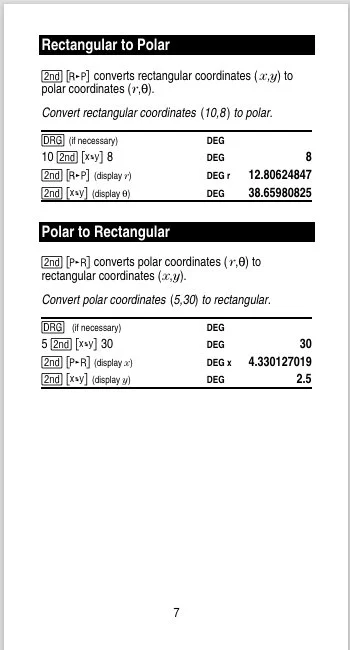 A page from a textbook explaining the conversion between rectangular and polar coordinates, with example calculations.