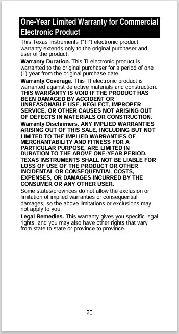 Close-up image of a warranty disclaimer document with detailed legal language and warranty information for a Texas Instruments electronic product.