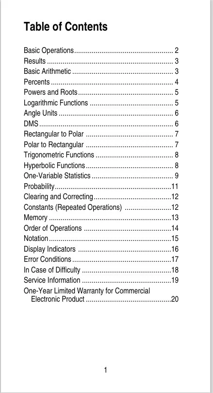A table of contents page from a technical or instructional document, listing sections and their respective page numbers.