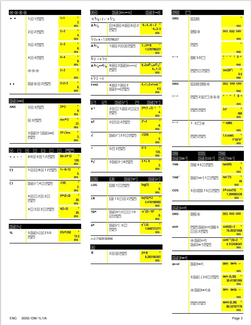 Screenshot of a scientific calculator display with various mathematical expressions, equations, and calculations, many highlighted in yellow, including algebra, trigonometry, logarithms, exponents, and other math functions.