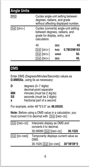 A page from a technical manual explaining angle units and DMS (Degrees, Minutes, Seconds) conversions, including formulas and examples.