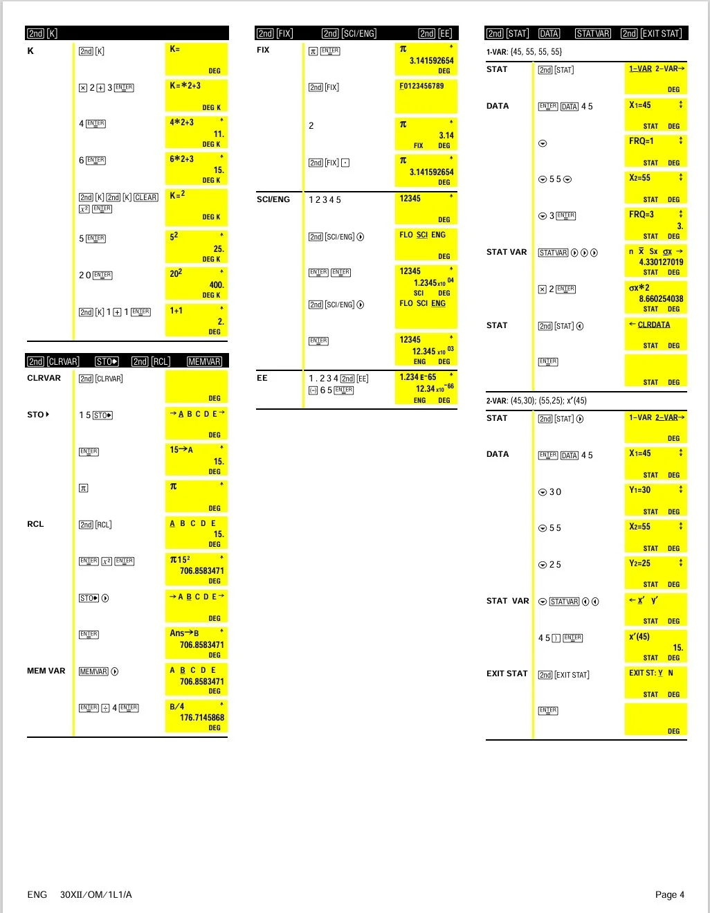 Screenshot of a scientific calculator display with calculations and data entries in yellow highlighting, including mathematical constants, variables, and computational results.