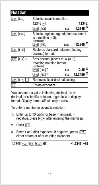 Diagram showing steps for entering numbers in scientific notation, including selecting notation, setting decimal places, and entering mantissa and exponent.