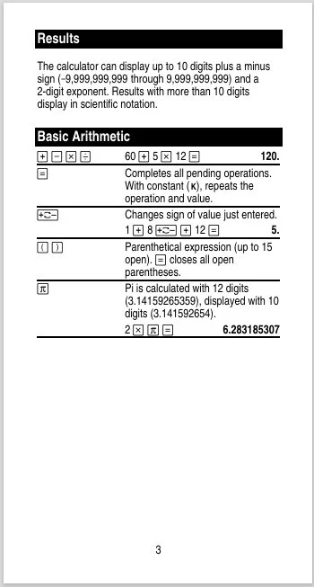 A calculator result page showing basic arithmetic calculations and explanations. Displays the sum of 60 + 5 x 12 as 120, the change of sign of 1 + 8 - 12 as 5, and the calculation of pi with 12 digits as 6.283185307.