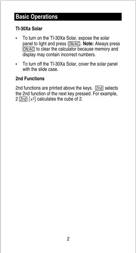 Page of instructions for operating the TI-30Xa Solar calculator, explaining how to turn it on, turn it off, and use second functions, with highlighted ON/AC button.