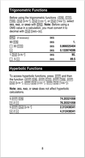 Page from a mathematics textbook explaining trigonometric and hyperbolic functions, including formulas and calculations.