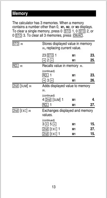 Page 13 from a textbook or manual explaining memory operations in computing. It includes definitions and formulae for, and examples of, storing, recalling, adding, and exchanging values in memory. The page contains numbered equations, references to memory registers, and highlighted headings.
