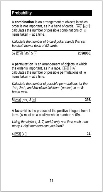 Page 11 from a math textbook explaining probability concepts, including combination, permutation, and factorial, with example calculations for poker hands, race finishes, and four-digit numbers.