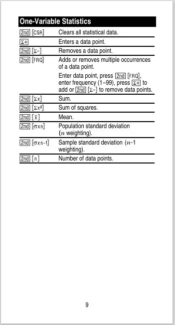 Table of one-variable statistics including definitions for cleared data, entering/removing data points, adding/removing multiple occurrences, summation, mean, standard deviation, sample standard deviation, and number of data points.