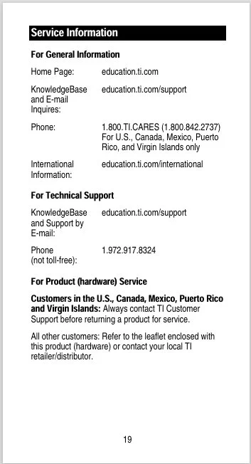 A page from a service information document with contact details and support instructions for TI products, including URLs, phone numbers, and support notes for U.S. and international customers.