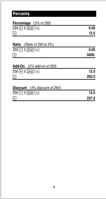 A page with four sections labeled Percentages, Ratio, Add-On, and Discount, demonstrating calculations involving 250, 5%, and 2%.
