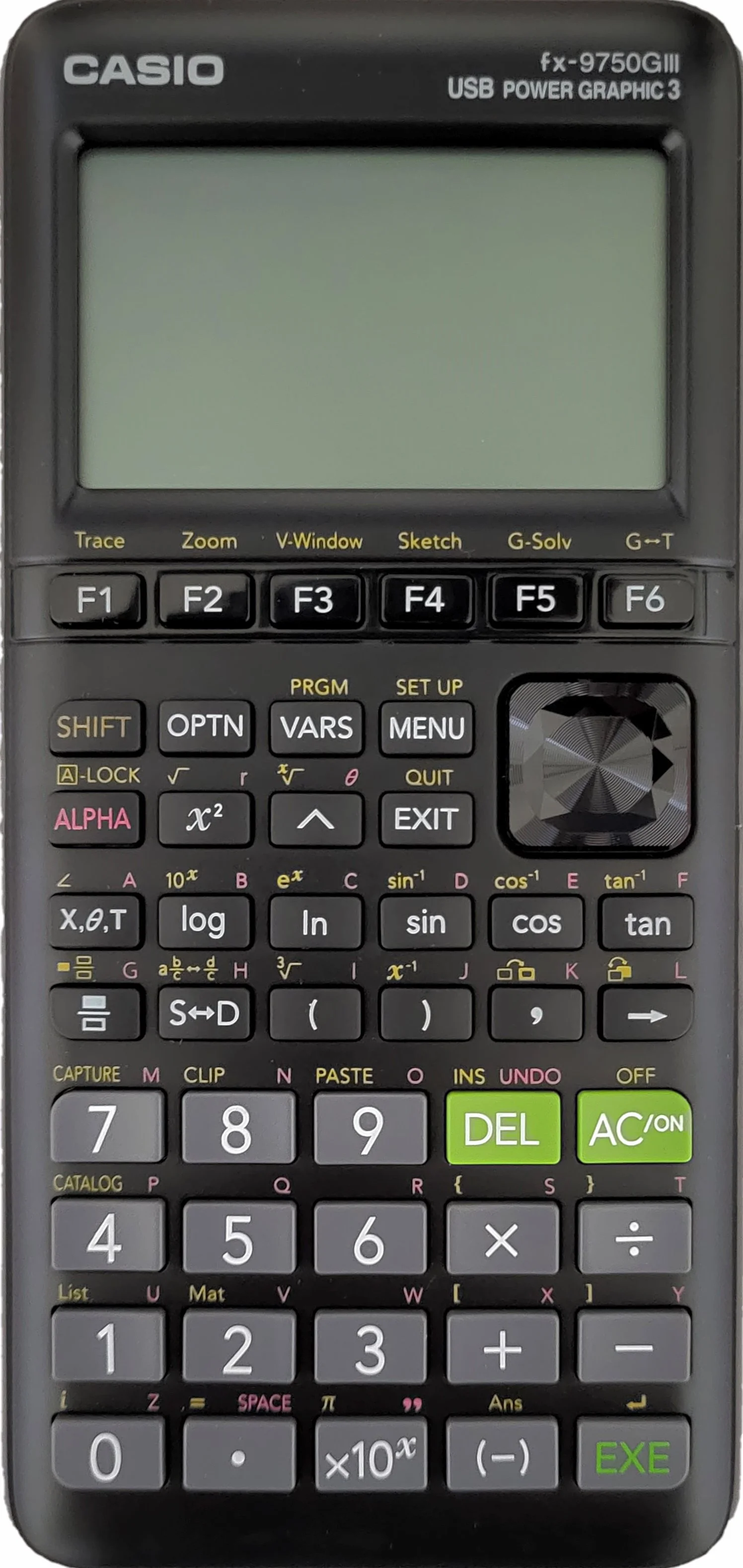 Casio fx-9750GIII calculator with a large LCD screen, multiple function buttons, and scientific operation keys.