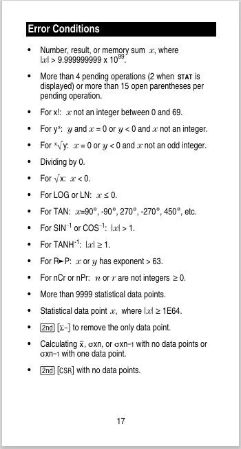 A page from a book or manual titled 'Error Conditions' listing various mathematical error conditions and rules, including operations with integers, dividing by zero, logarithms, trigonometric functions, exponents, and statistical data points.