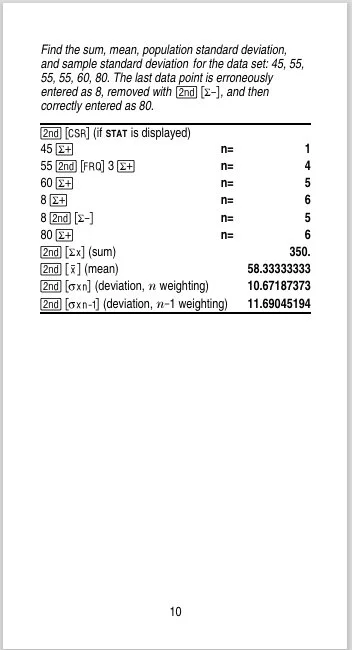 A printed page with instructions and calculations for finding the sum, mean, population standard deviation, and sample standard deviation for a dataset. It includes formulas and intermediate results, with some values highlighted in English and mathematical notation.