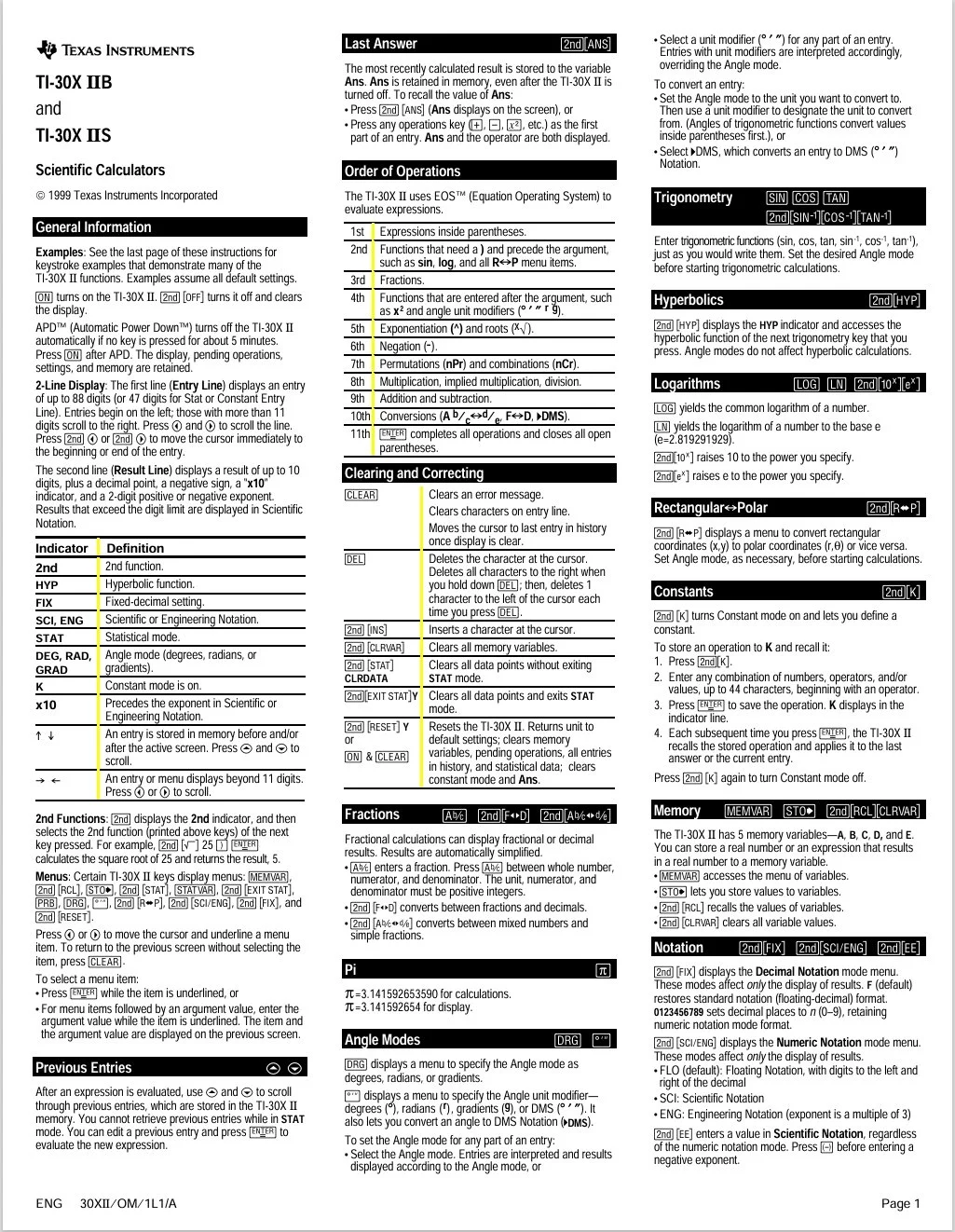 Page 1 of a Texas Instruments TI-30X IIS scientific calculator user manual, displaying sections on general information, order of operations, clearing and correcting, fractions, Pi, angle modes, trigonometry, hyperbolics, logarithms, rectangles & polar, constants, memory, notation, and previous entries.