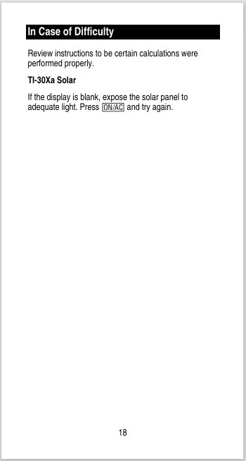 Page from a manual or guide with troubleshooting advice for a solar device, mentioning the TI-30Xa Solar calculator and instructions for resetting the display if blank.