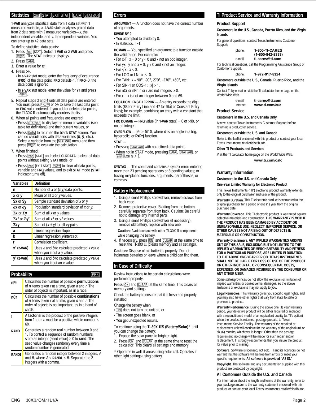 A page from a technical manual containing sections on statistics, error calculations, battery replacement, and troubleshooting for a TI calculator, with detailed instructions and definitions.