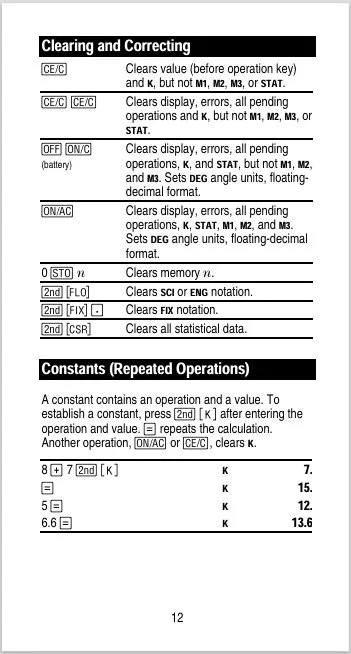 Page with sections titled 'Clearing and Correcting' and 'Constants (Repeated Operations)'. Contains descriptions of calculator functions and constants, with symbols and explanations in a technical manual or reference guide.