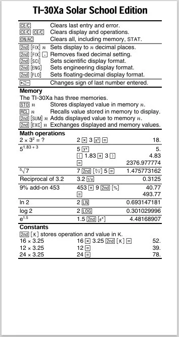 Close-up of a scientific calculator screen displaying calculations and functions for a TI-30Xa Solar School Edition calculator.