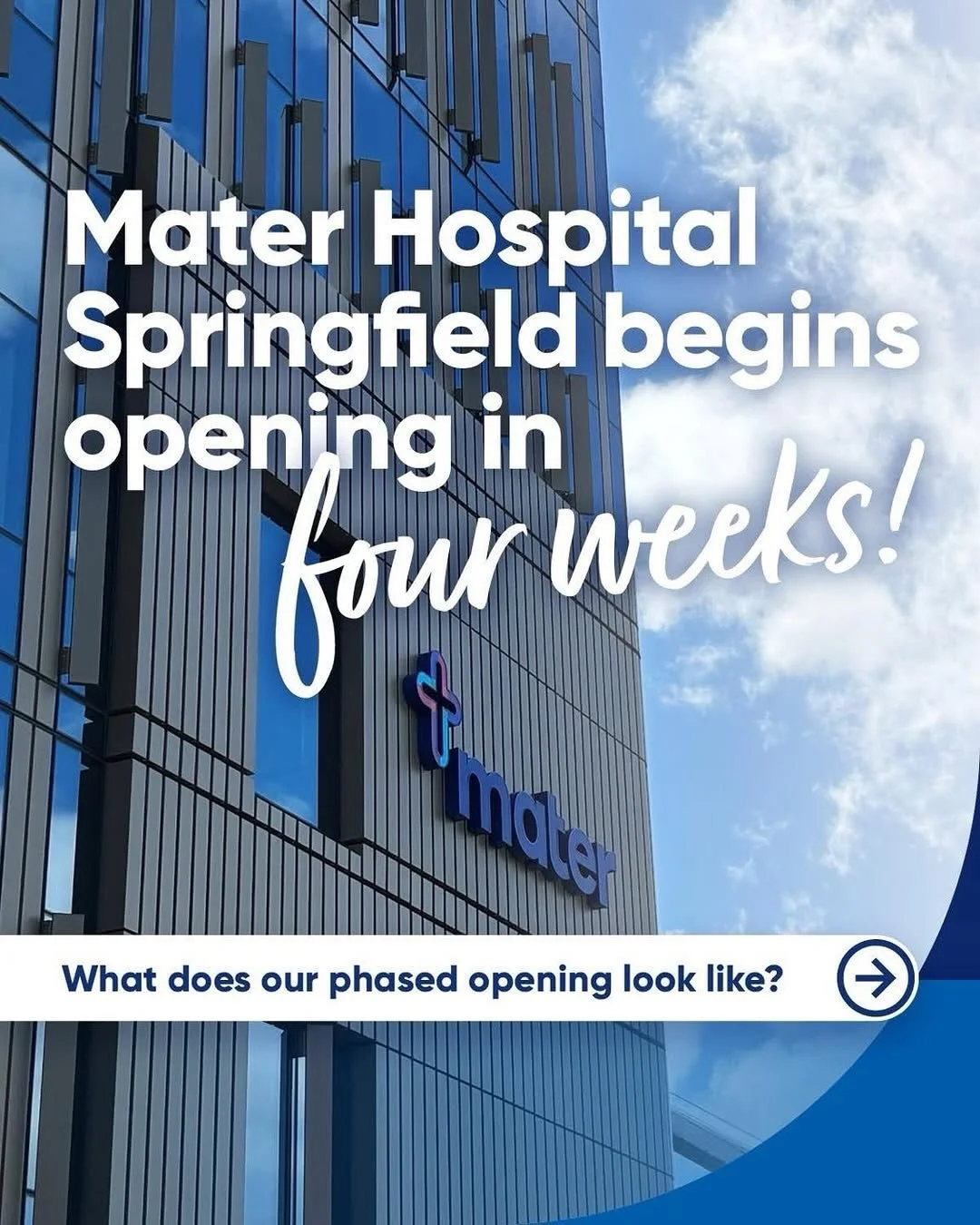 The countdown to the opening of Mater Springfield Public Hospital is underway. 

Notable dates include:

27th April -  maternity services and PAC (pregnancy assessment centre open). Now we don&rsquo;t need to drive into Brisbane to access PAC.

25th 