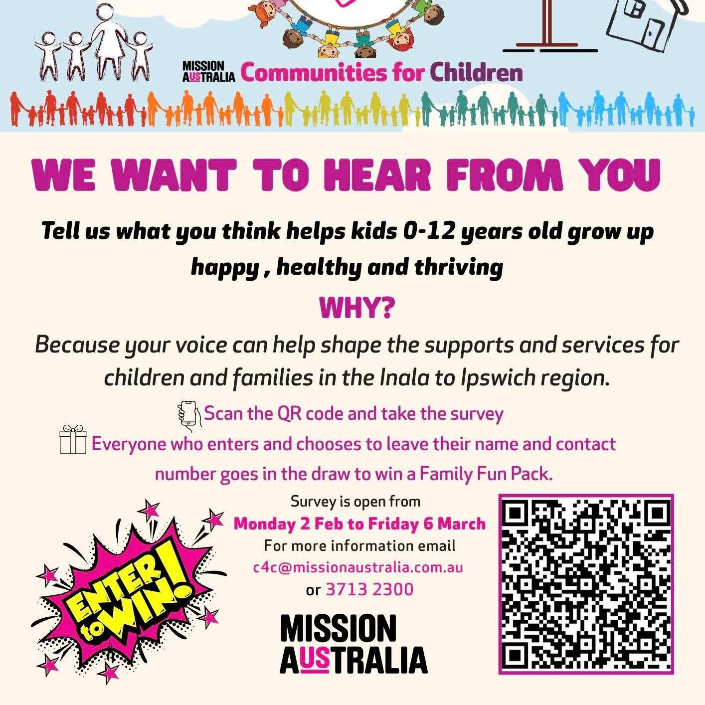 Calling all parents of children aged 0-12 living in Inala to Ipswich, @mission_aust is seeking your thoughts on what you think helps kids 0-12 years old grow up happy, healthy and thriving.  Your voices will help shape the support and services that a