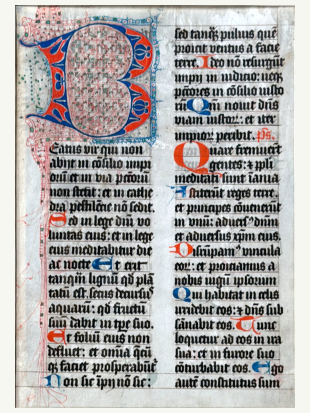 1480 Psalm 1 Manuscript Leaf from an Illuminated Psalter on Vellum