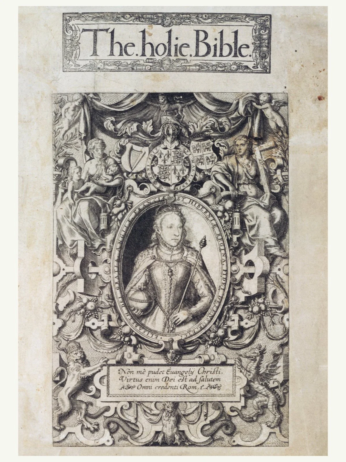 1568 First Edition Bishops' Bible Title Page featuring Queen Elizabeth