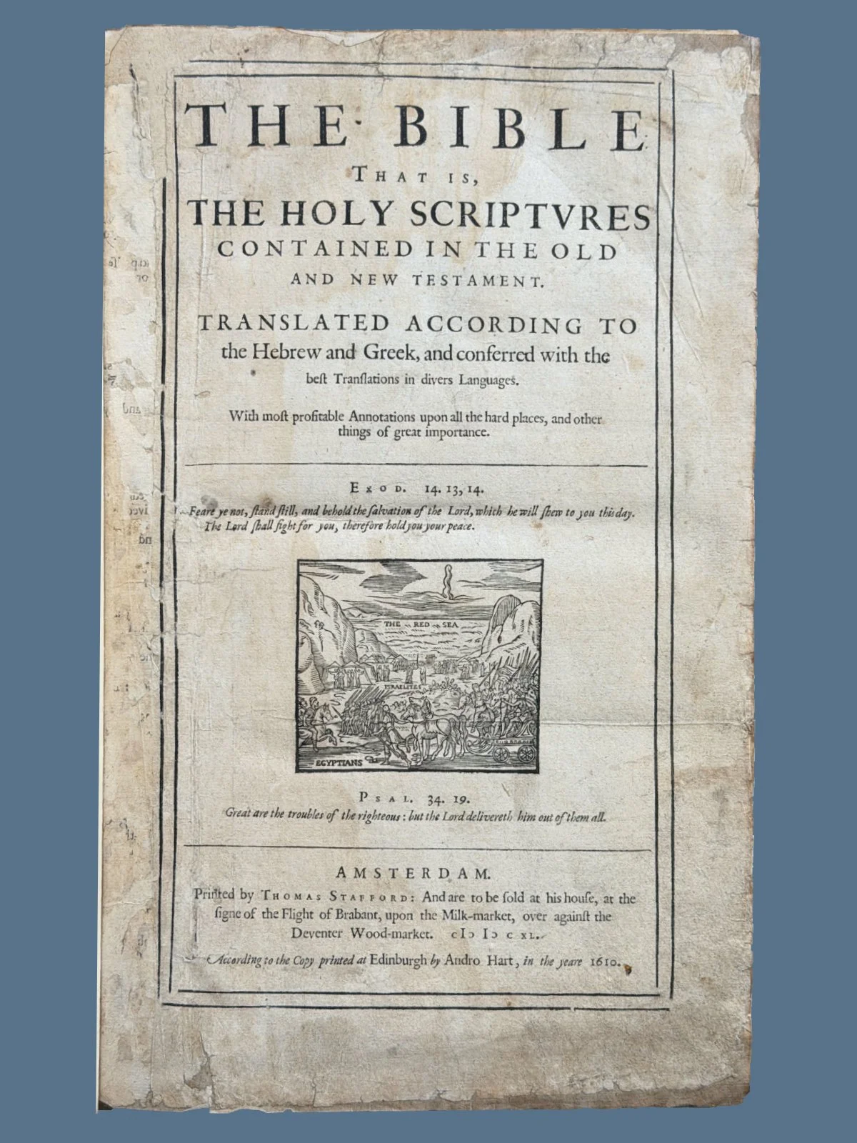 Title Page to 1640 Geneva Bible with Woodcut of the Red Sea