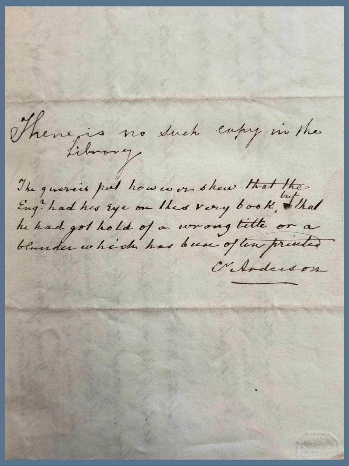 Christopher Anderson Note in Tyndale New Testament