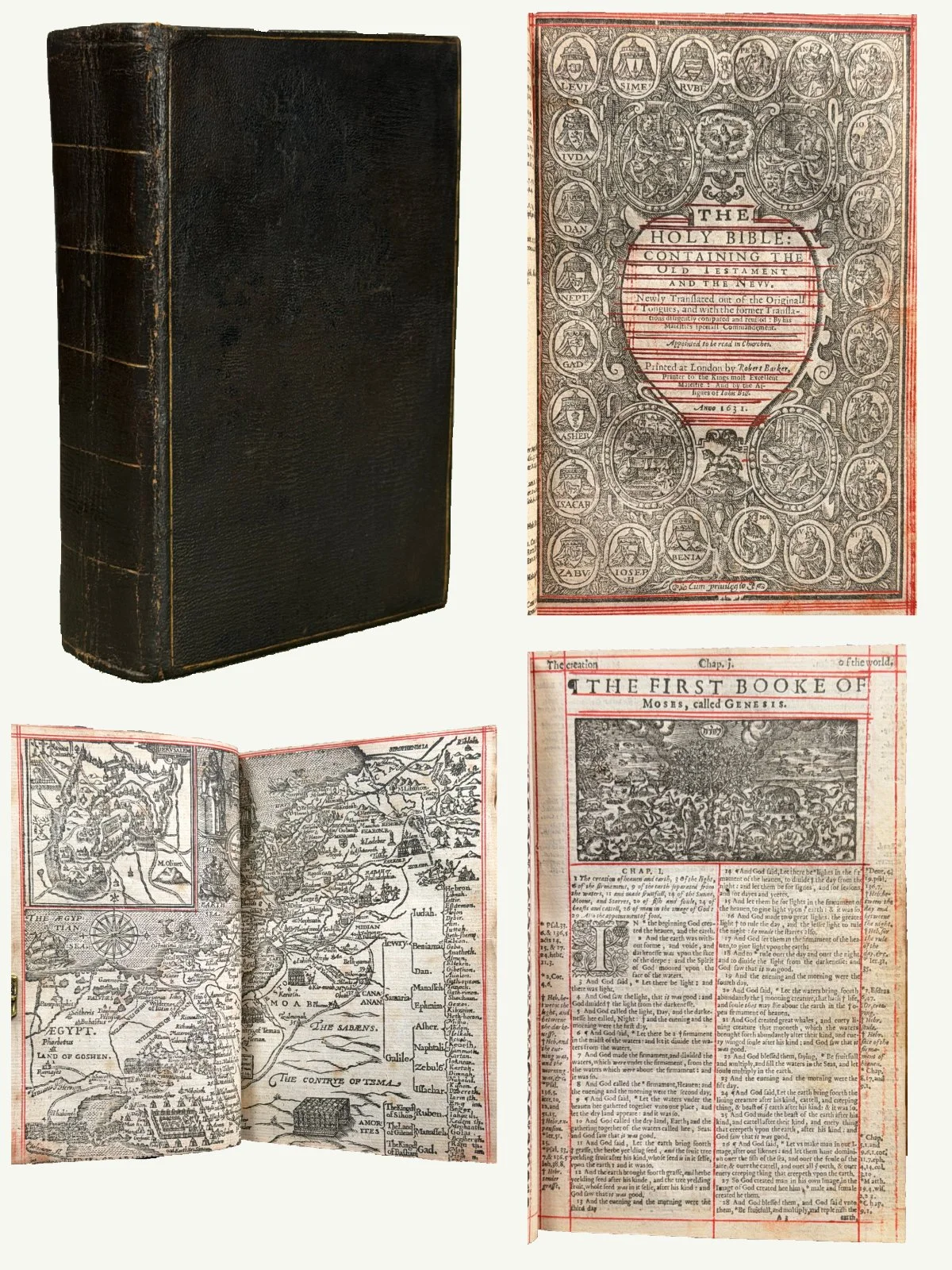 1631 Red Ruled King James Bible with Genealogies and Map