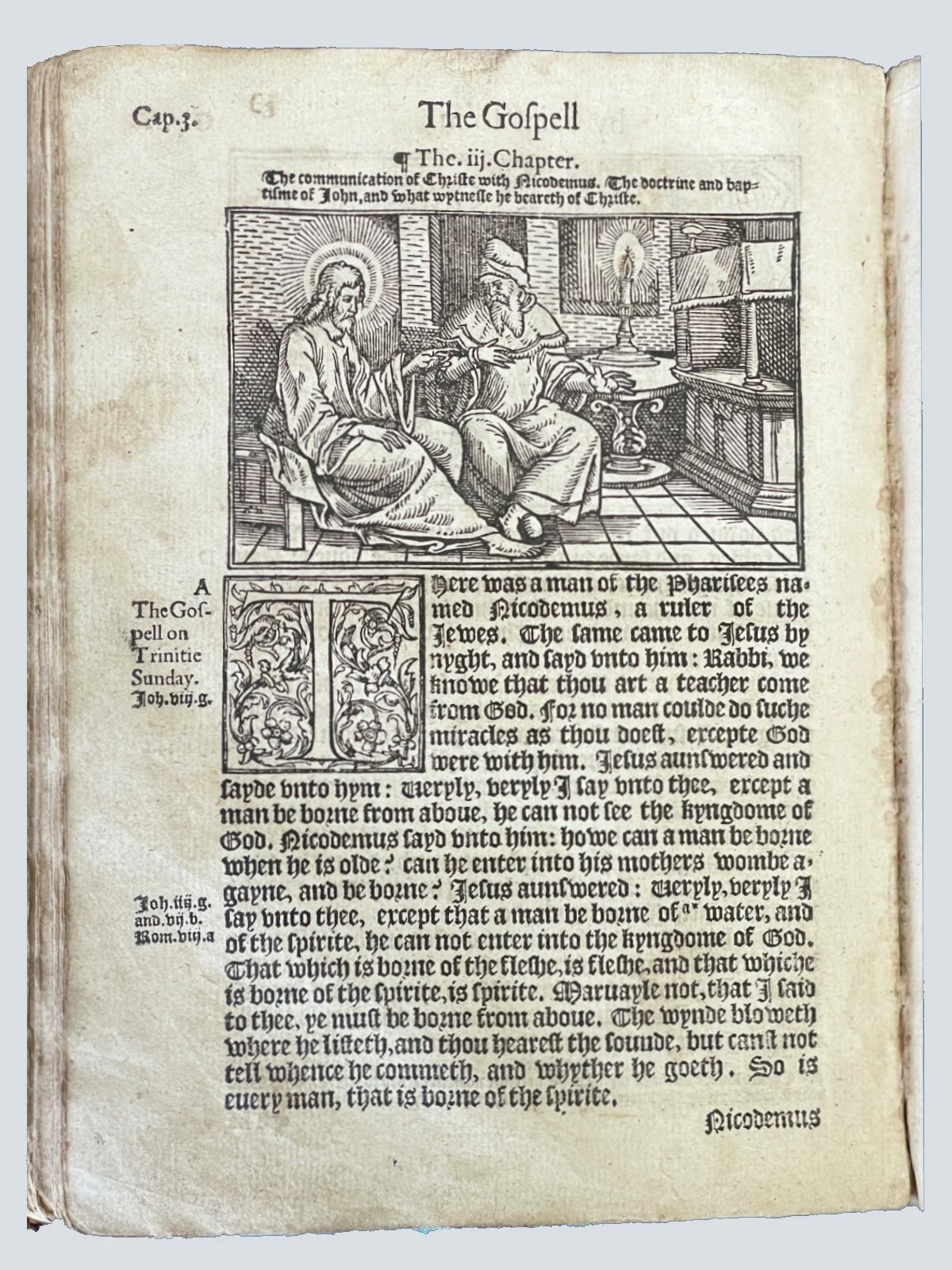 Engraving from the Gospels in a 1566 Tyndale New Testament Bible by Richard Jugge