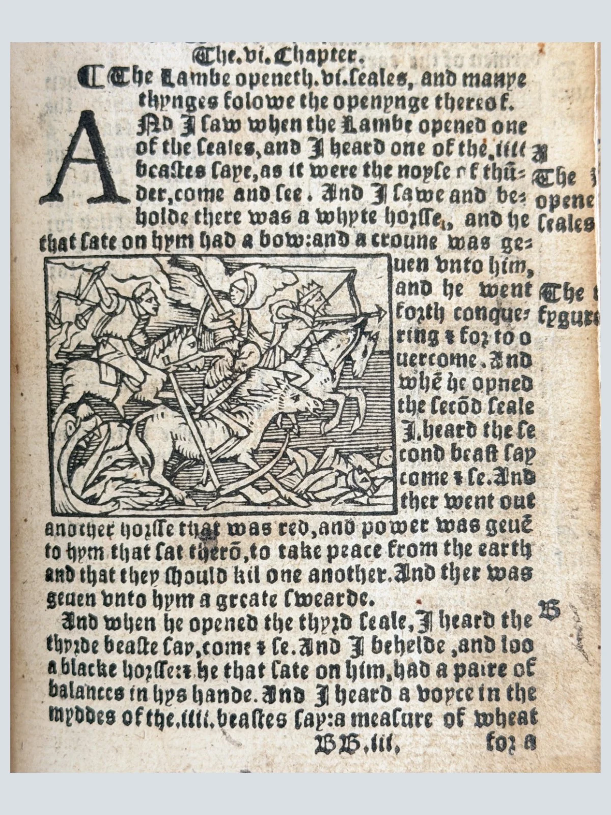A Woodcut Illustration from the book of Revelation in a Tyndale New Testament