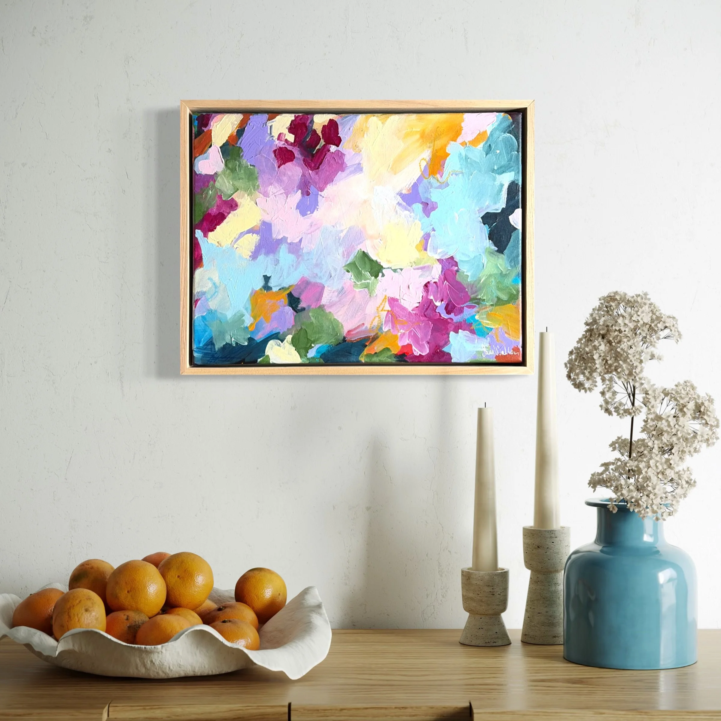 &lsquo;Floral Essence&rsquo;
$340

A vibrant exploration of color, this abstract piece invites viewers to get lost in its lively brushstrokes and dynamic palette.

Medium: Mixed Media on Canvas

Dimensions: 32 x 43 cm (framed)

Features:
Ready to han