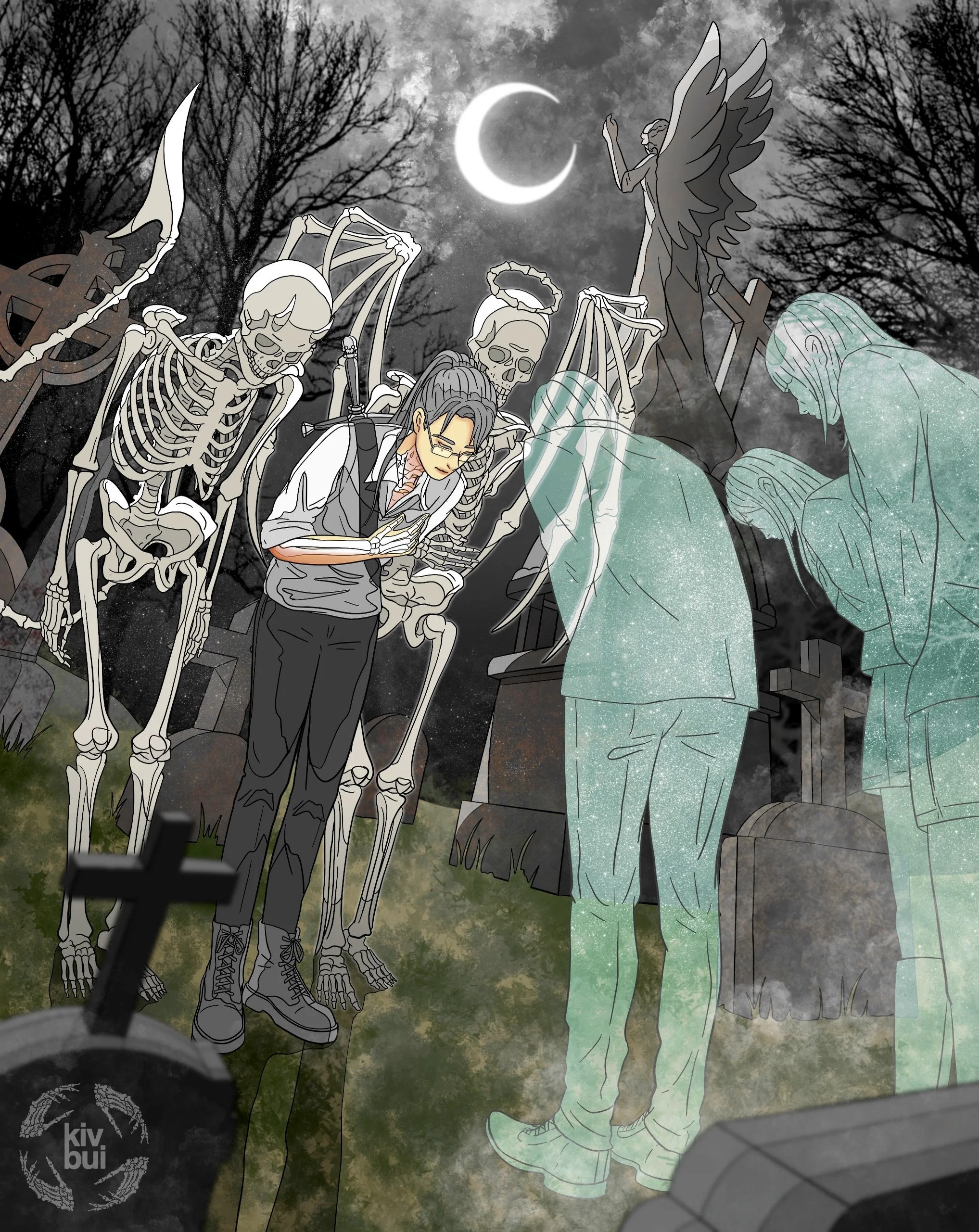 💀⚔️🪦 Greet The Dead 🪦⚔️💀
-
The Knight and his two hybrid skeletons, the Angel and the Demon, make their daily visit to the cemetery to collect the remains of the dead. The Knight only takes the bones of those who, before death, gave him permissio