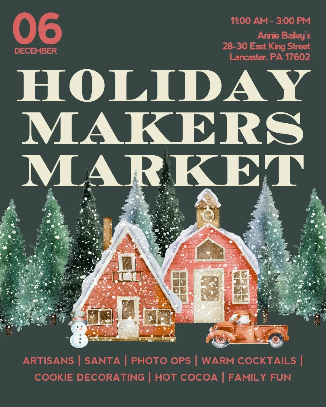 Mark your calendars because our Holiday Makers Market is back on for December 6th from 11AM&ndash;3PM at Annie Bailey&rsquo;s! 🎄

Come shop incredible local artisans, sip on warm cocktails, enjoy cookie decorating, and soak in all the cozy holiday v