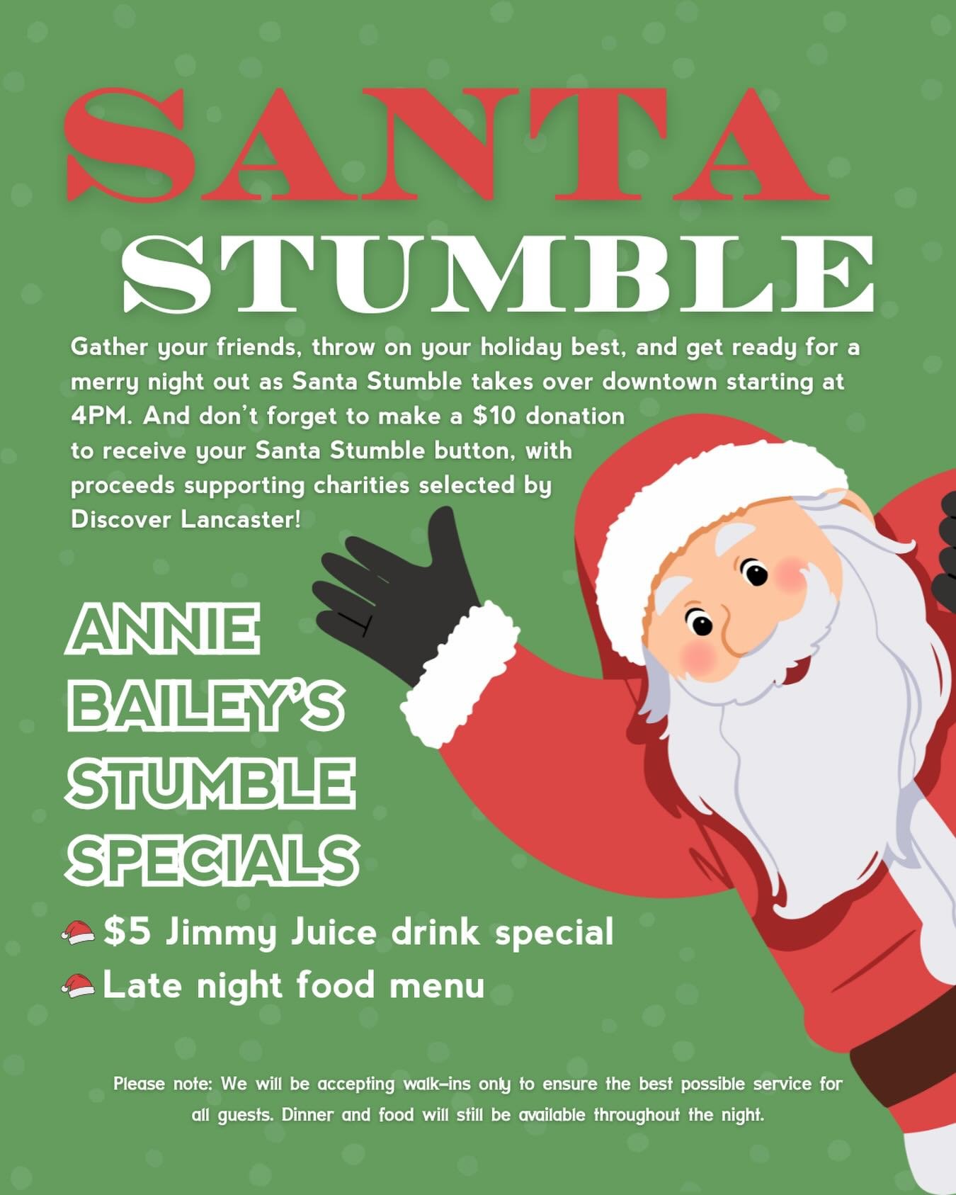Santa Stumble is back! 🎅

Grab your friends, don your best holiday costume, and join us downtown this Saturday starting at 4PM for a merry night of festive fun, drinks, and holiday cheer!

✨ $10 donation gets you your Santa Stumble button, with proc
