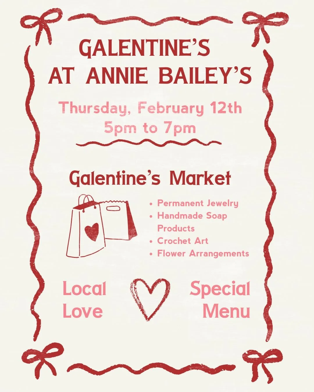 💖✨ Galentine&rsquo;s Day at Annie Bailey&rsquo;s ✨💖

Grab your girls and join us on February 12th from 5&ndash;7PM for a night of shopping, sipping, and celebrating friendship at our Galentine&rsquo;s Market!

Shop from local vendors featuring: 💫 