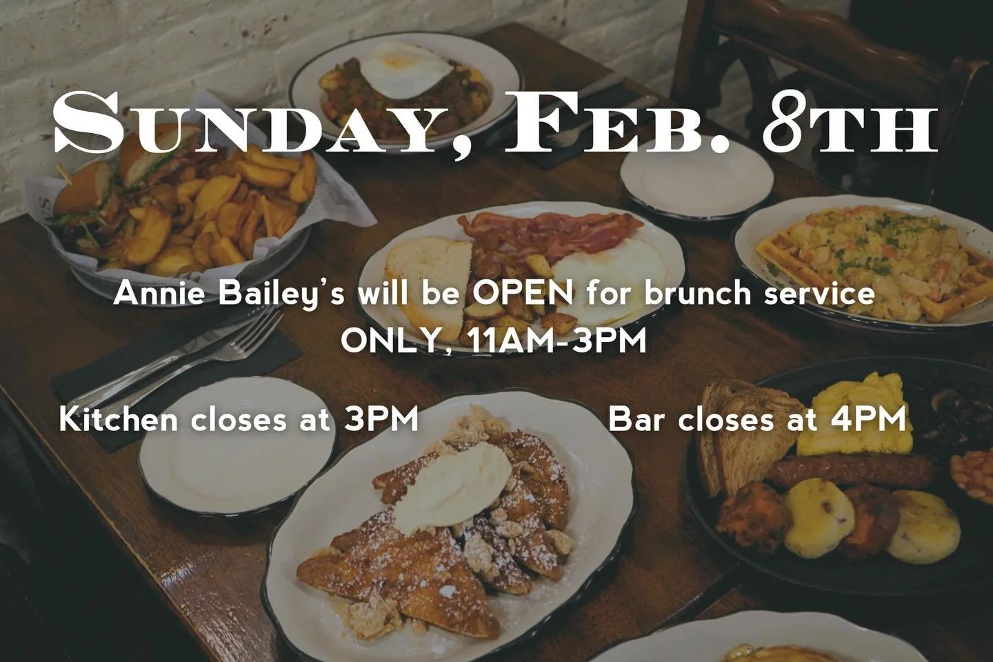 Super Bowl Sunday starts at the pub 🍀🏈

Join us for brunch only at Annie Bailey&rsquo;s on Sunday, February 8th, and kick off game day the best way&mdash;good food, good company, and a cozy Irish pub atmosphere.

🕚 Brunch served 11AM&ndash;3PM 🍳 