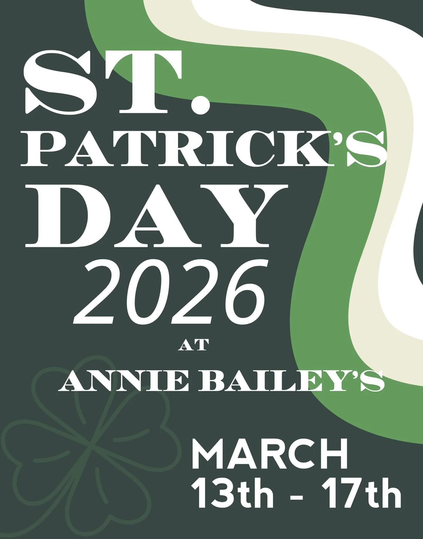 St. Patrick&rsquo;s Day is almost here and we&rsquo;re celebrating all week at Annie Bailey&rsquo;s☘️

Join us March 13&ndash;17 for a full week of Irish specials, Irish beer and whiskey, traditional Irish dancers, and late-night live music to keep t