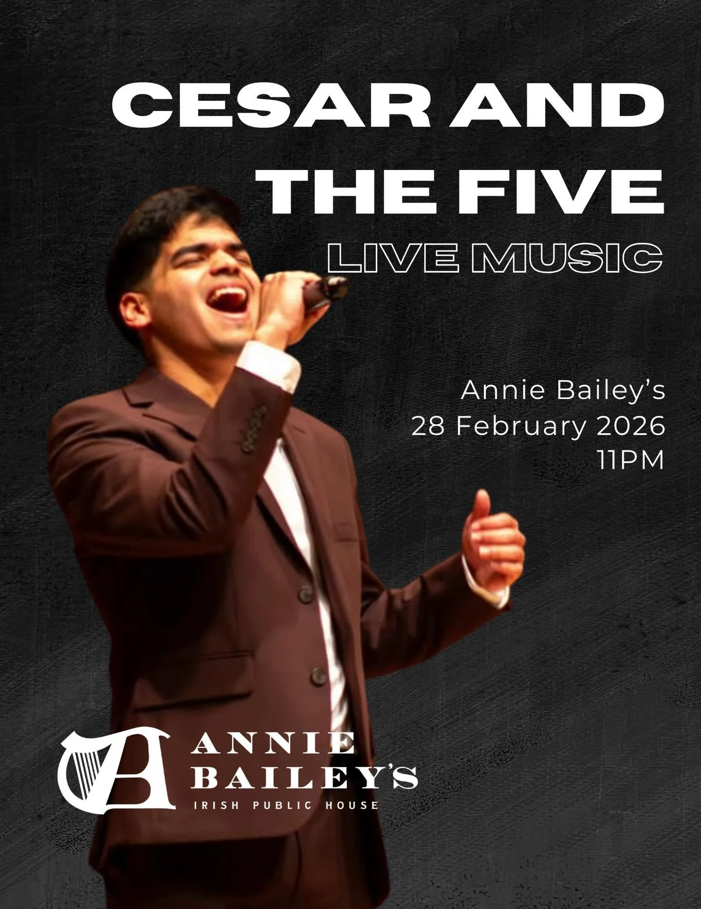 This weekend, join us in welcoming Cesar and The Five at Annie Bailey&rsquo;s! 

This 6-piece funk/latin/jazz band is bringing a high energy blend of groove, brass and danceable beats to our Saturday night life. Starting at 11pm! 

Grab a cocktail an