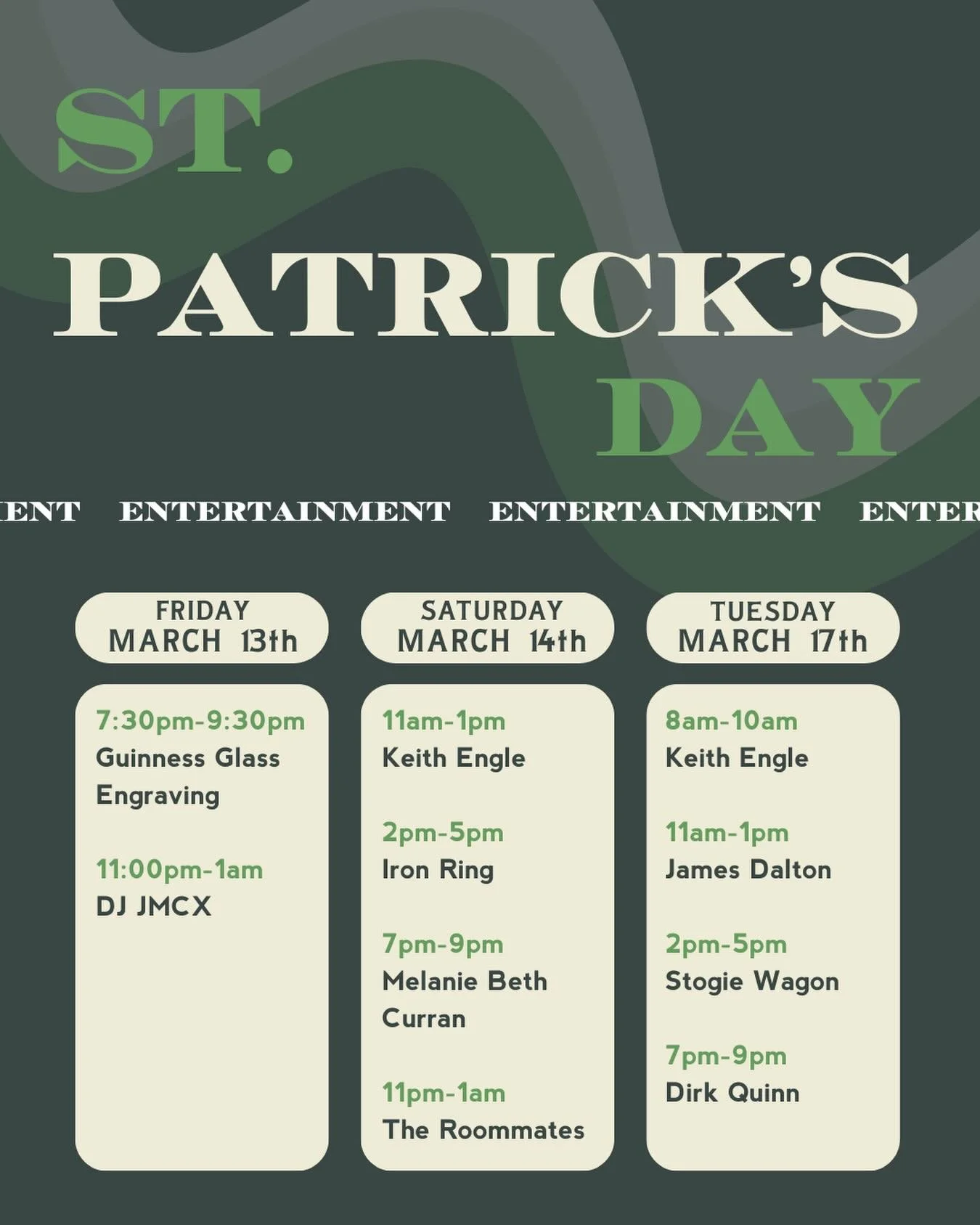 The countdown to St. Patrick&rsquo;s Day is on at Annie Bailey&rsquo;s🍻

We&rsquo;ve got a full lineup of live entertainment to keep the pub buzzing all celebration long:

Friday, March 13 7:30&ndash;9:30PM &mdash; Guinness Glass Engraving 11PM&ndas