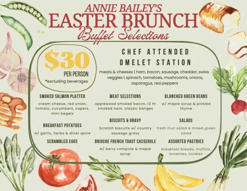 Celebrate Easter with us 🐣

Join us at Annie Bailey&rsquo;s Irish Public House for a festive brunch buffet featuring a chef-attended omelet station, plus a mimosa + Bloody Mary bar to kick off the holiday right. 🥂

Gather your crew, come hungry, an