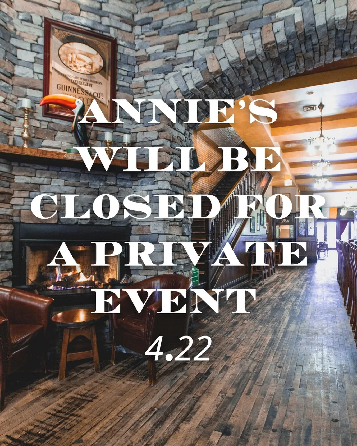 We will be closed to the public this evening for a private event. 

We hope to see you back with us on Thursday! ☘️ 

Slainte! 

#anniebaileys #closed #downtownlancaster